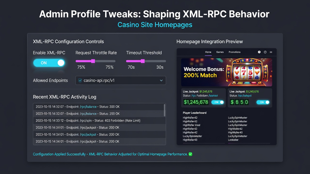Diagram illustrating data flow from WordPress user profile fields through XML-RPC to casino homepage elements