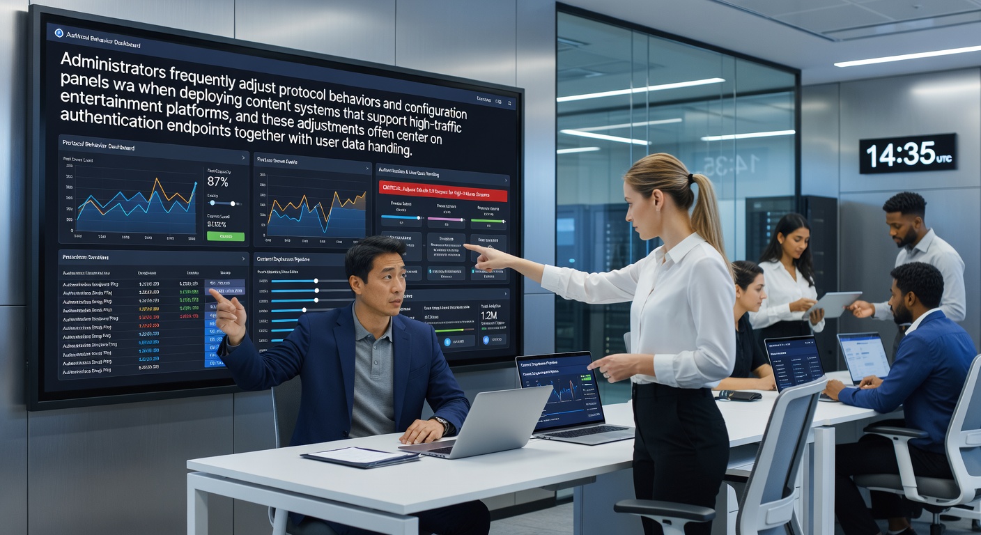 Administrators reviewing authentication protocols on configuration panels for high-traffic entertainment platforms