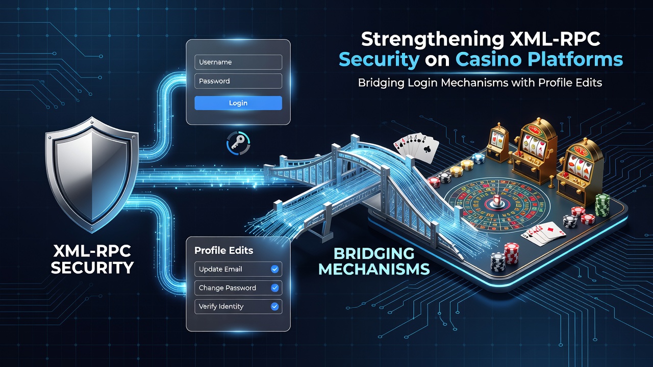 Diagram showing integration between WordPress login processes and user profile updates for XML-RPC security on casino platforms