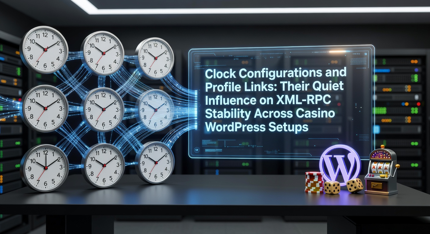 Diagram showing clock synchronization settings and user profile URL structures interacting with XML-RPC endpoints in a WordPress dashboard for casino sites