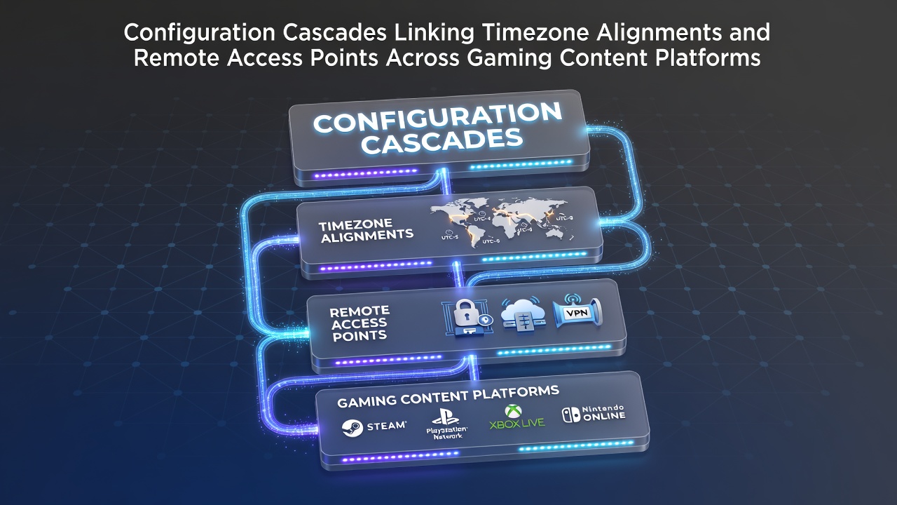 Configuration cascade diagram showing timezone alignments connected to remote access points in gaming servers