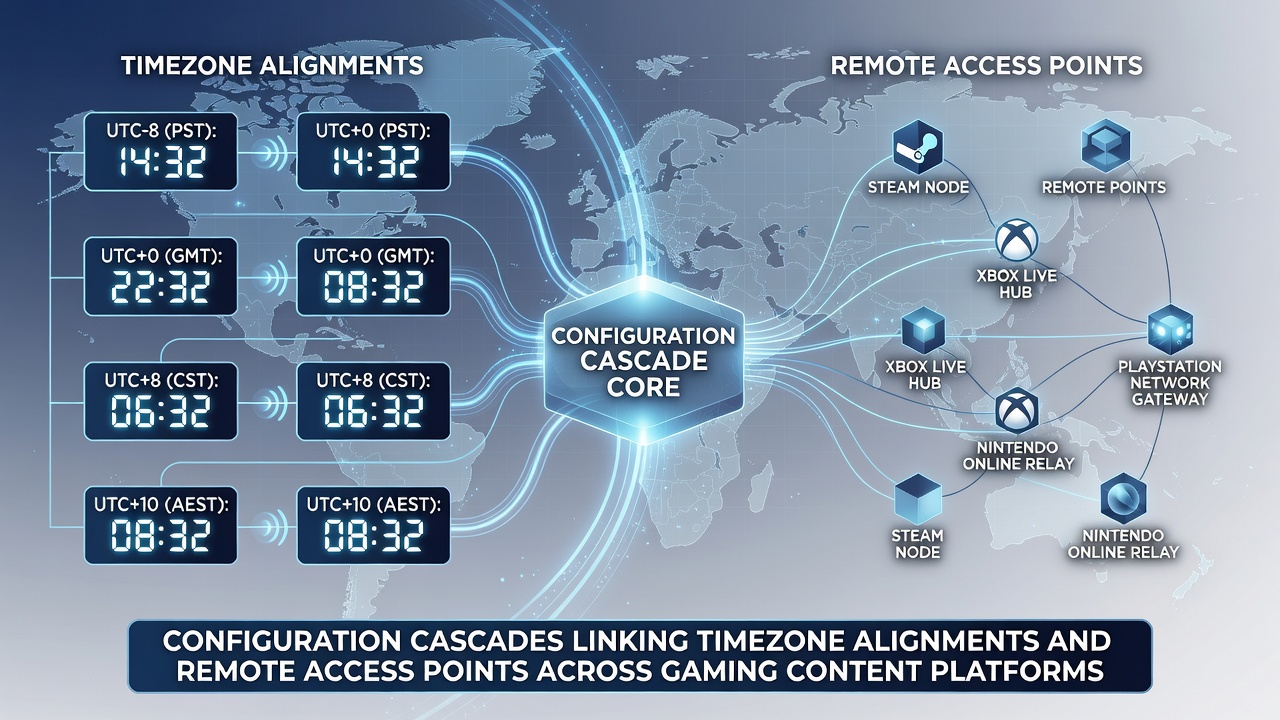 Network diagram illustrating remote access points synchronized across multiple gaming content platforms