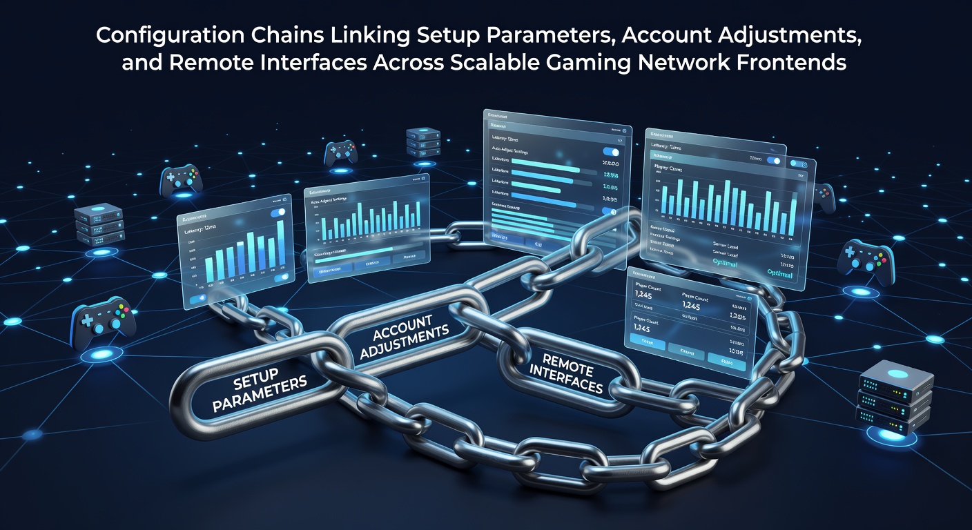 Diagram showing interconnected configuration chains in scalable gaming network frontends with setup parameters and remote interfaces highlighted