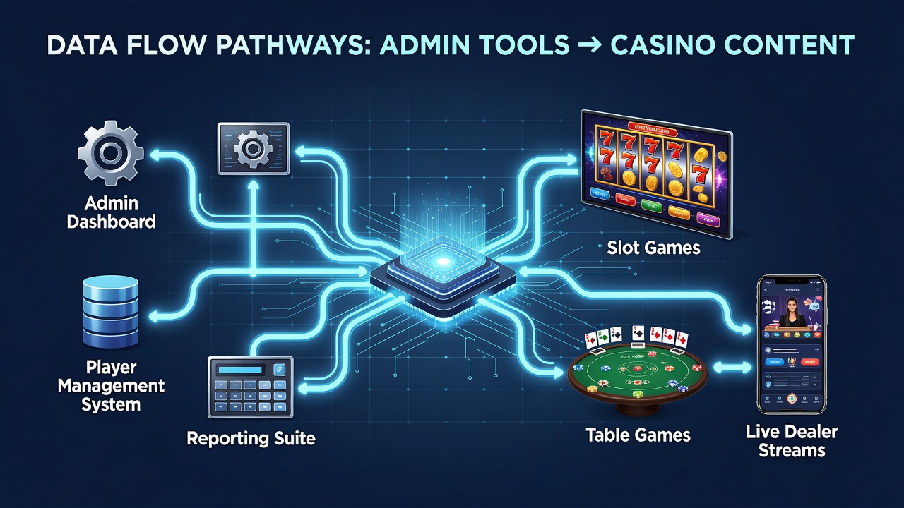 Diagram illustrating data pathways from administrative tools to casino content presentation layers