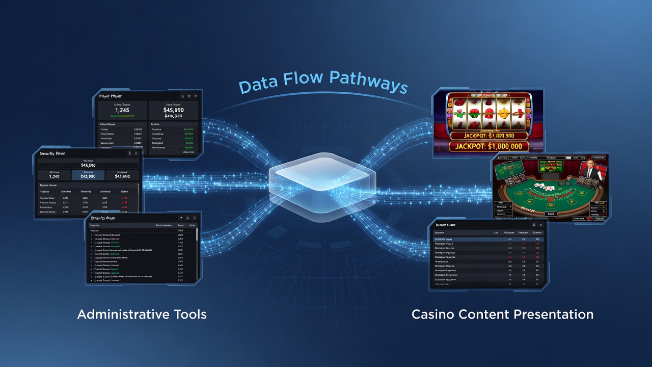 Illustration of data synchronization processes between backend admin tools and casino front-end displays