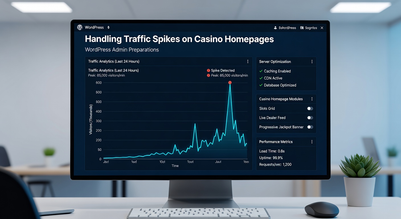 Dashboard view of WordPress admin showing site health metrics during a traffic peak on a casino homepage