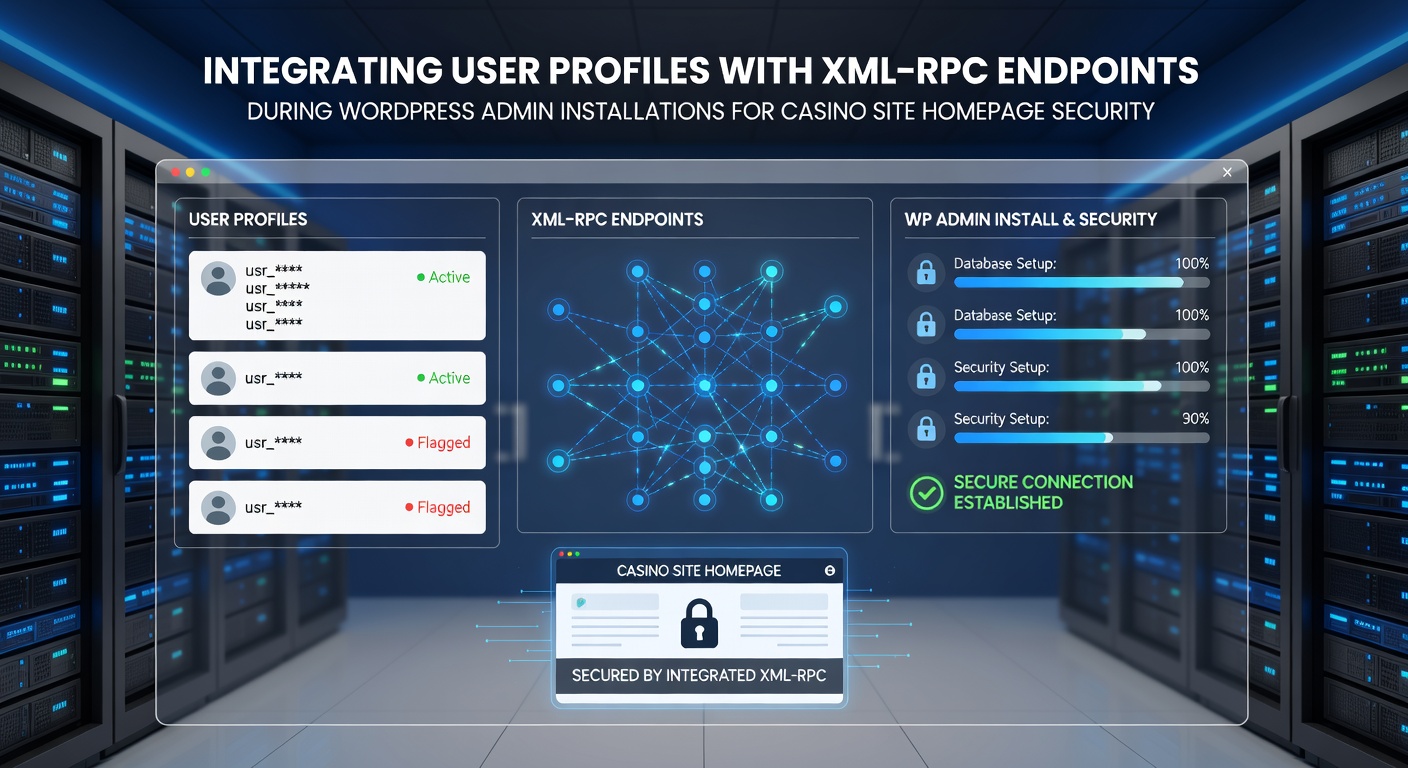 WordPress admin dashboard showing user profile settings integrated with XML-RPC endpoint configurations for casino site security