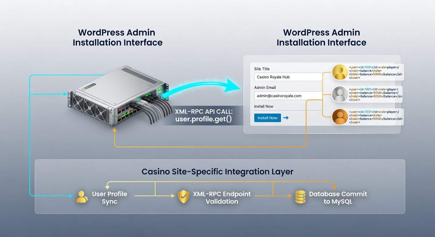 Illustration of XML-RPC endpoint connections linked to WordPress user profiles in a casino website security framework