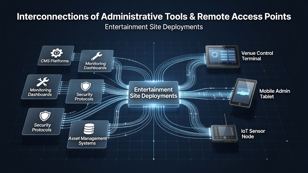 Illustration of secure remote access points connecting to administrative tools during casino site deployment