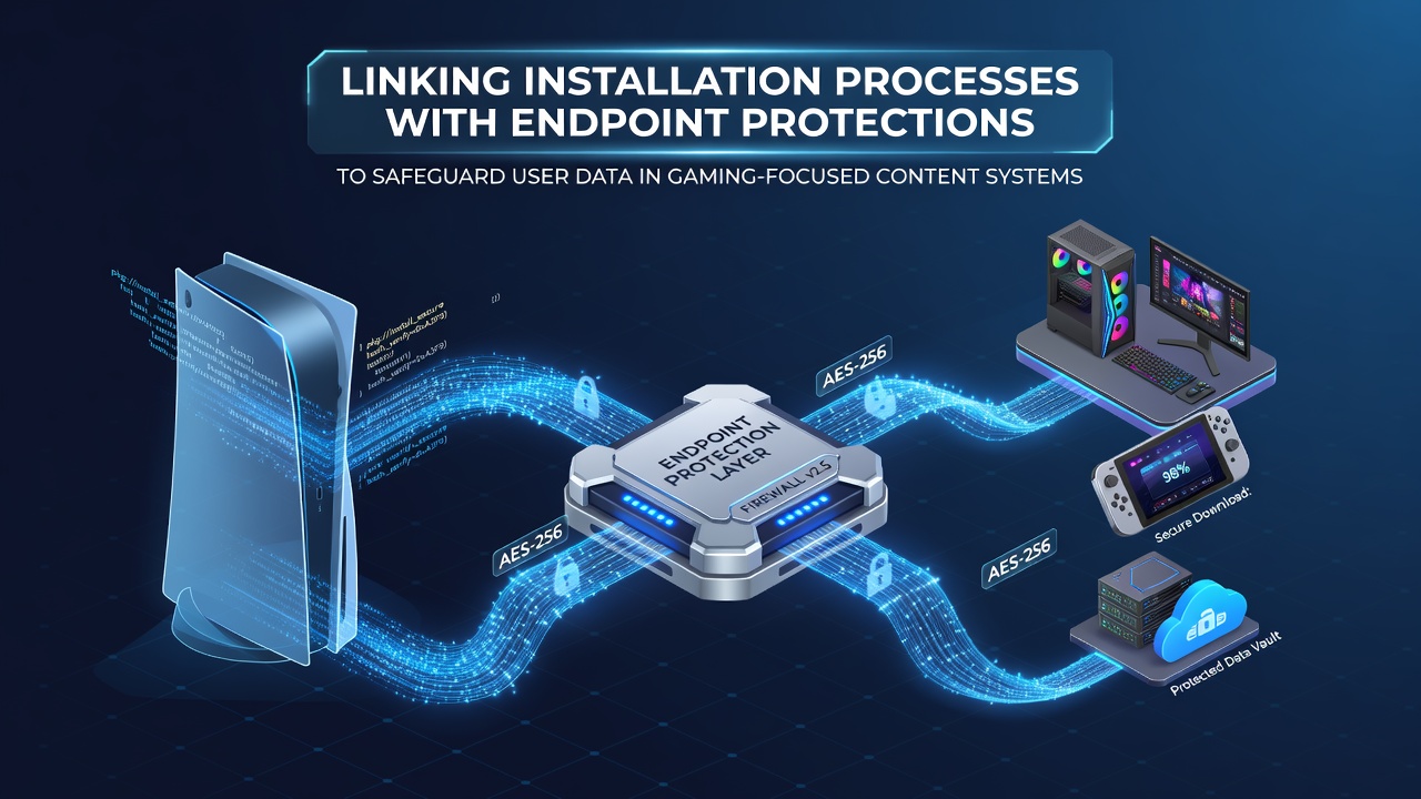 Illustration of installation workflows connecting to endpoint security layers in gaming content platforms