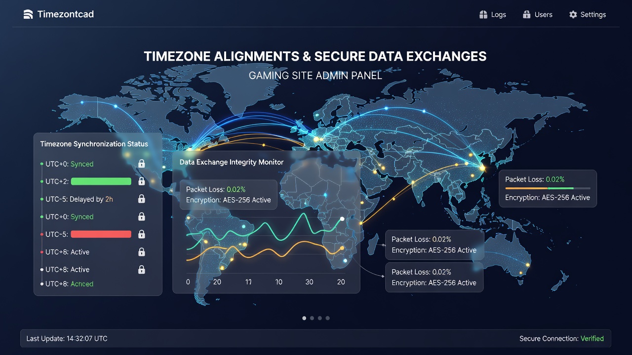 Gaming site administration panel displaying synchronized timezone settings for secure data management