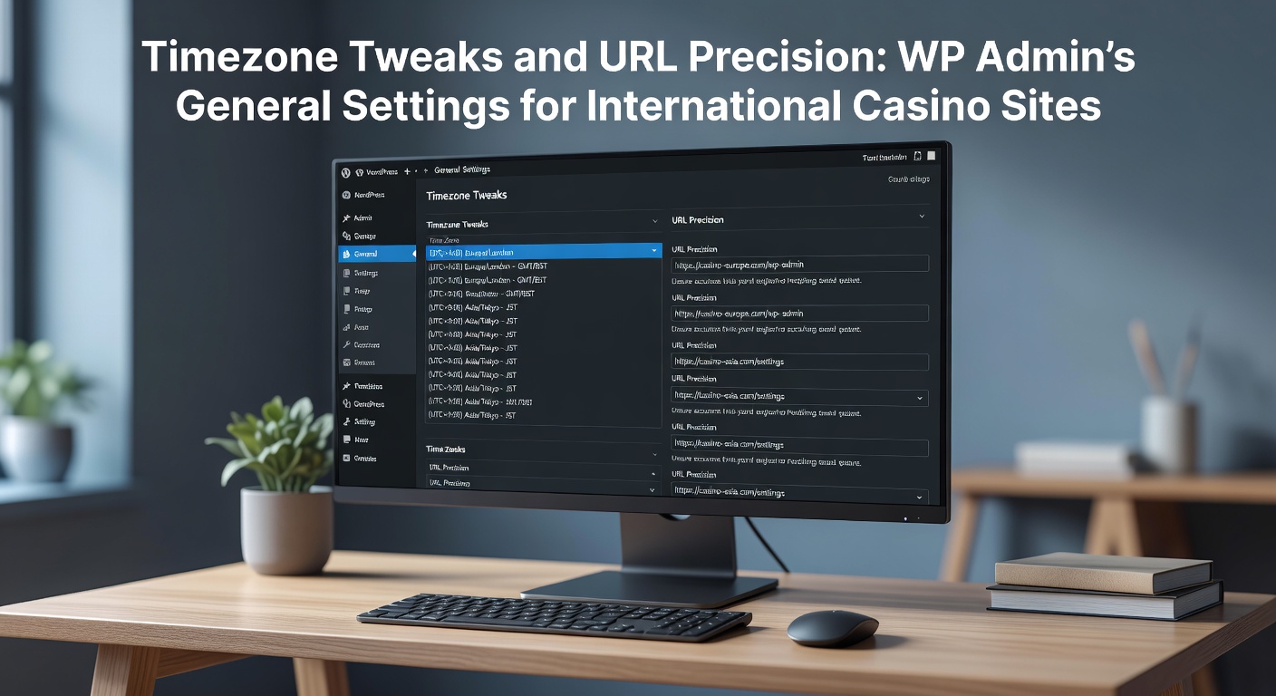 WordPress admin dashboard showing general settings panel with timezone and URL fields highlighted for casino site configuration