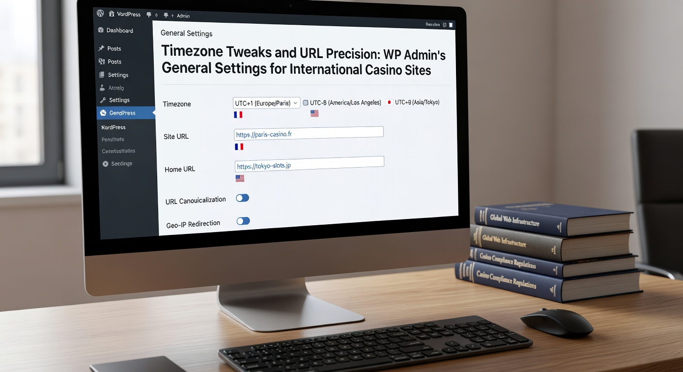 Close-up of timezone dropdown and URL input fields in WordPress general settings, configured for a multi-region casino site