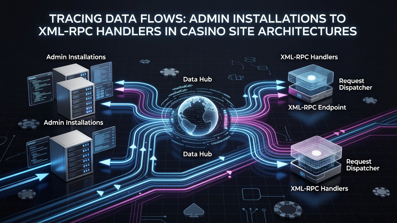 Diagram showing data pathways from WordPress admin installation screens to XML-RPC handler modules in casino platform architectures