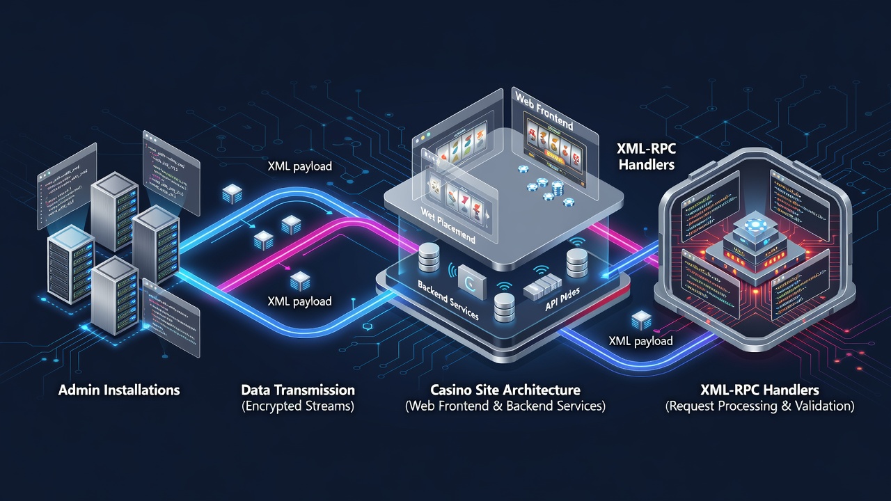 Flowchart illustrating how configuration data moves from admin profile screens through database tables to XML-RPC endpoint processing in entertainment site deployments