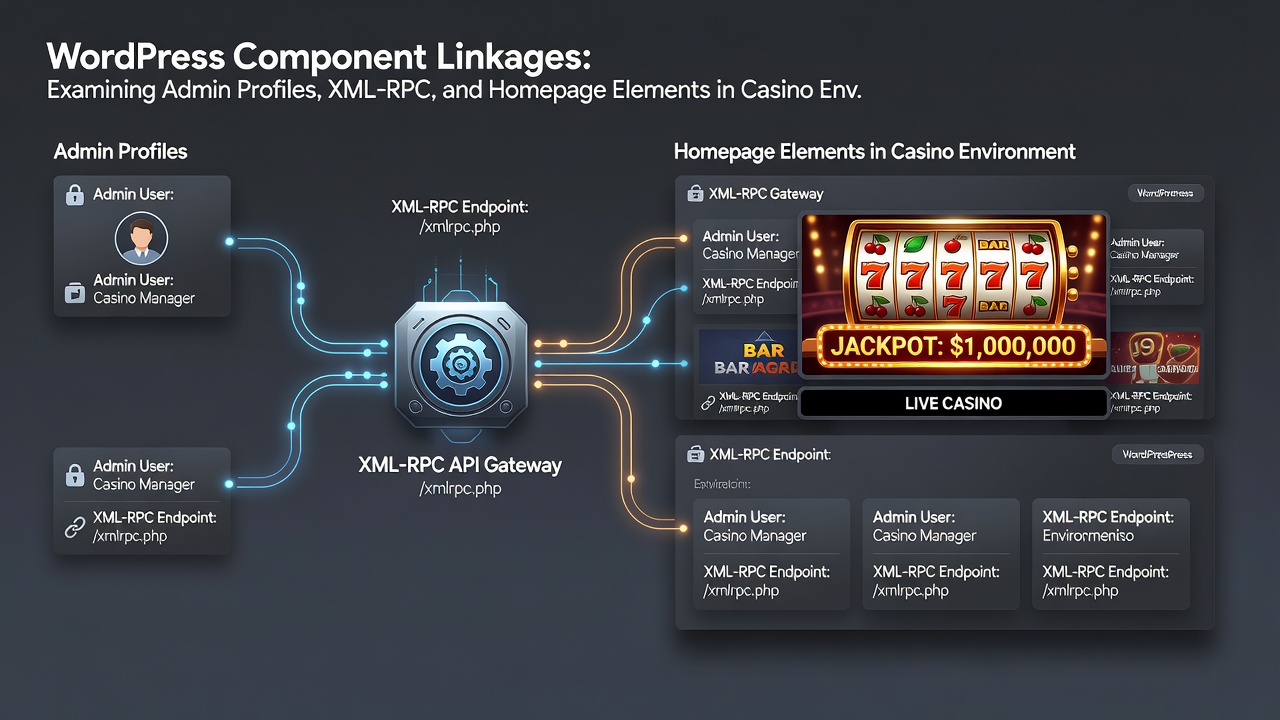 Diagram illustrating connections between XML-RPC, user profiles, and casino homepage components