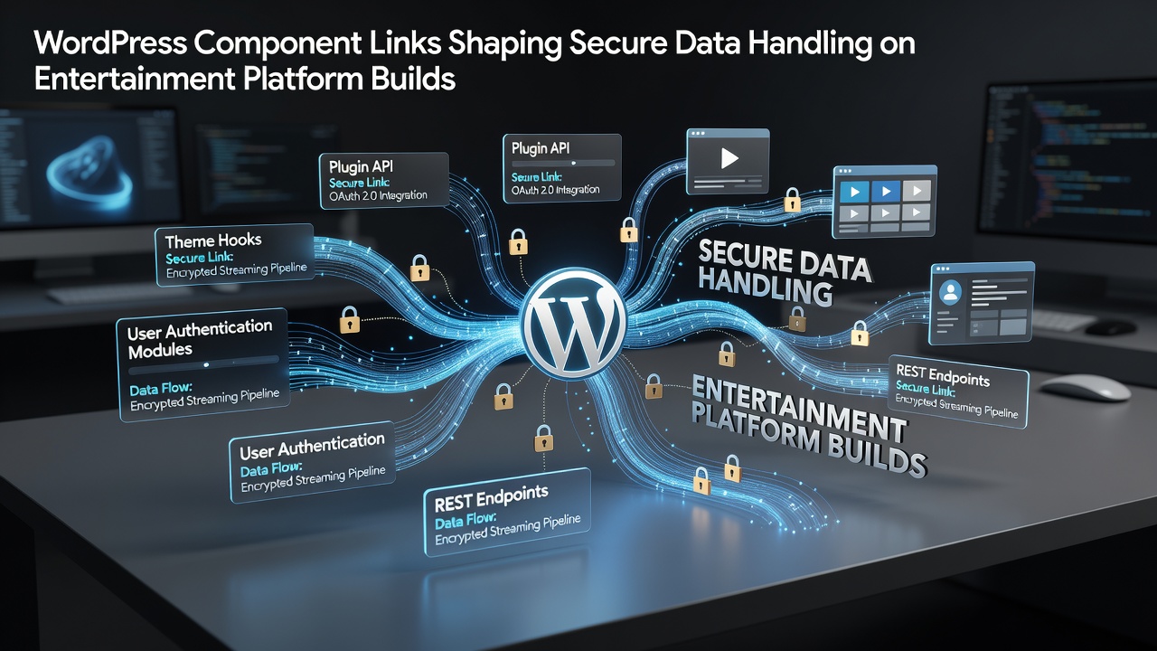 WordPress dashboard showing component links integrated into an entertainment platform build with security indicators visible