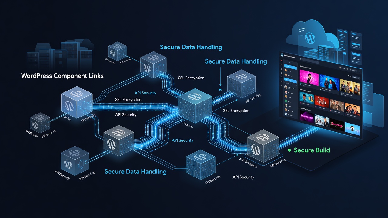 Secure data handling diagram illustrating WordPress component links protecting entertainment platform user information